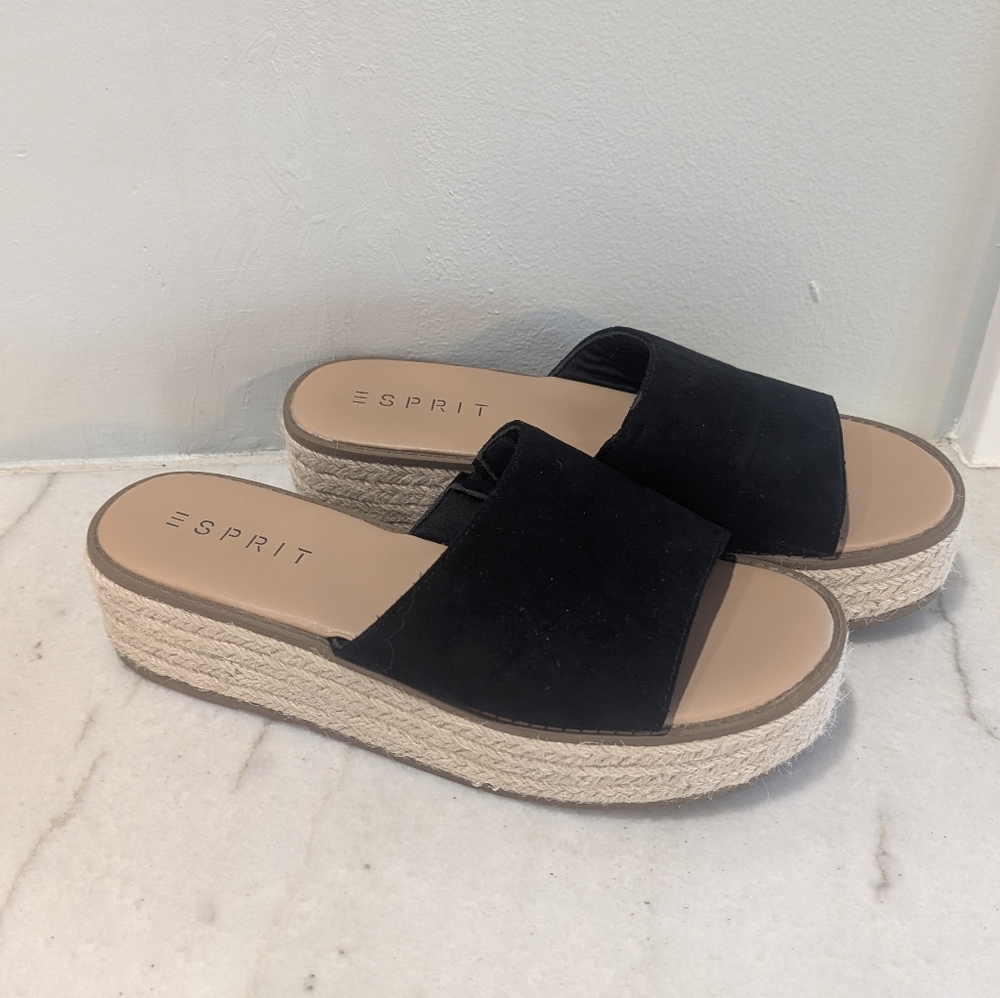 Esprit Black Espadrille Faux Suede Slide Sandals Women's Size 9